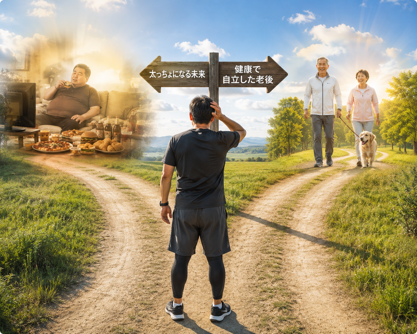 二つに分かれた道で迷う中年男性