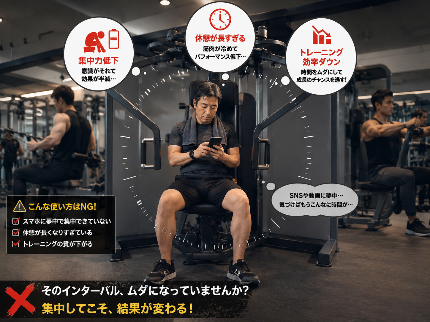 筋トレ中にスマホを操作している人