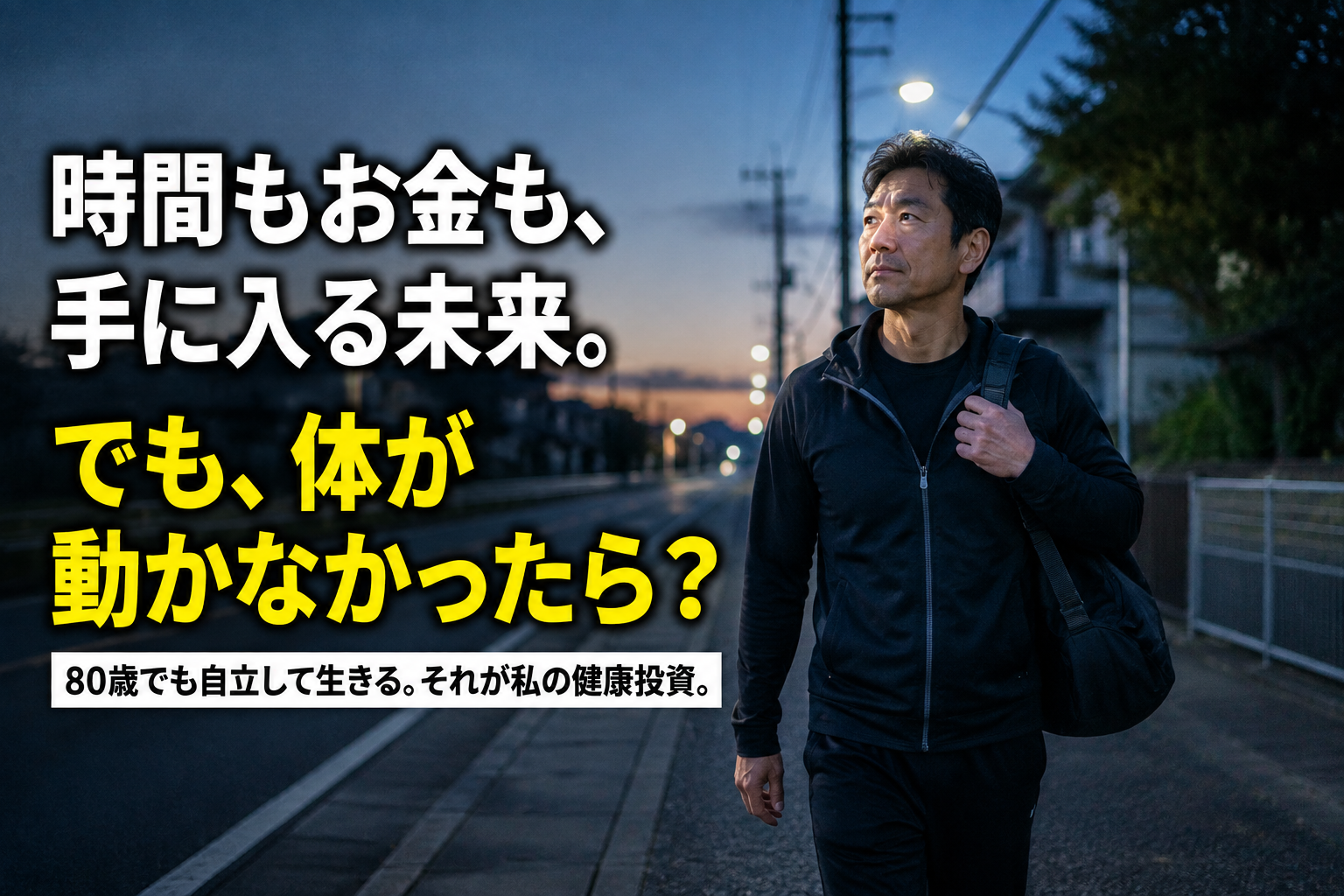 夜明けの道を歩く男性
