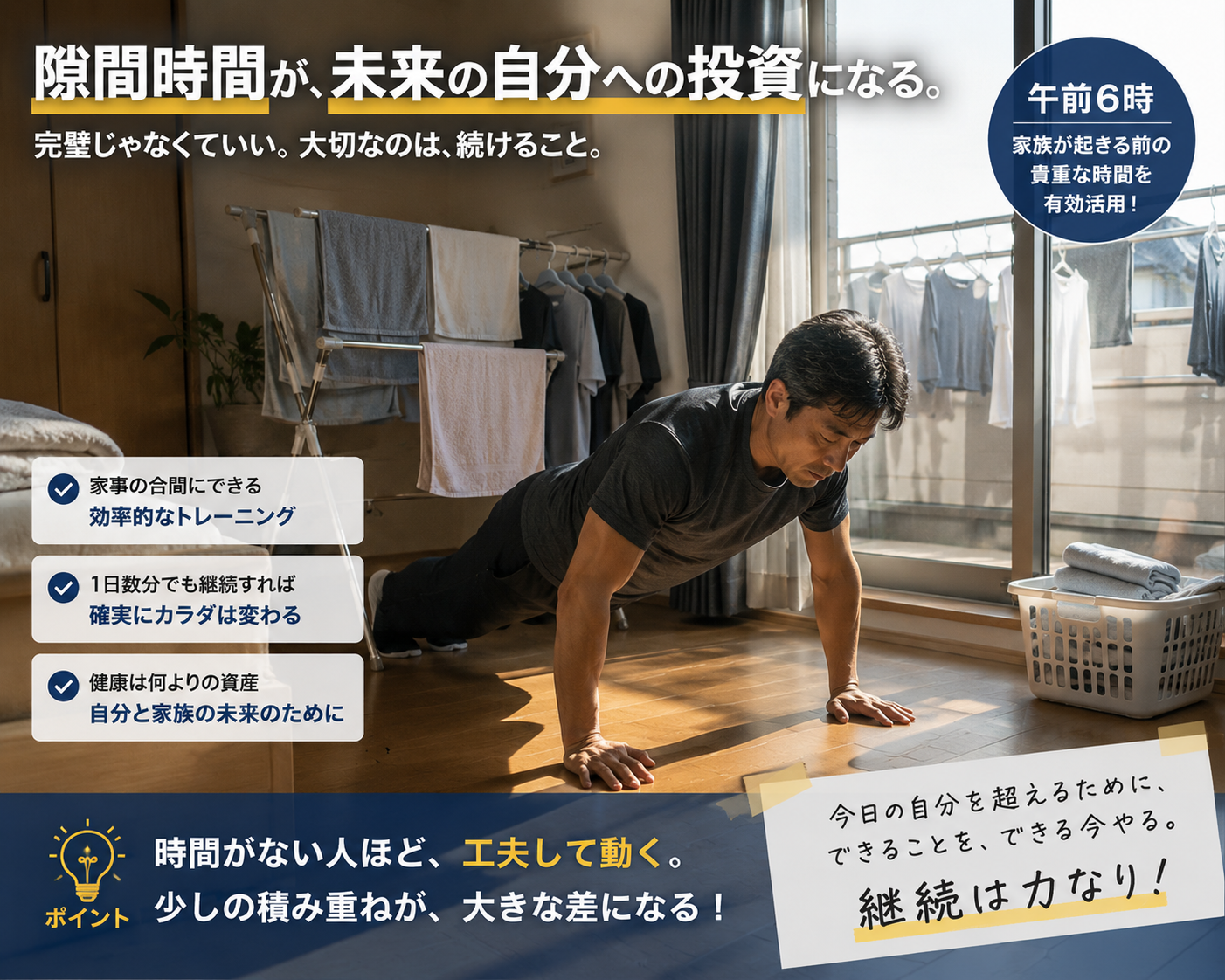 洗濯物干し中に腕立て伏せをする男性