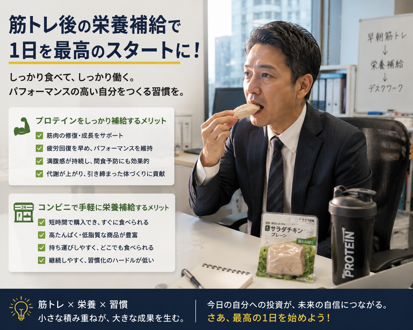 事務所でサラダチキンを食べる男性