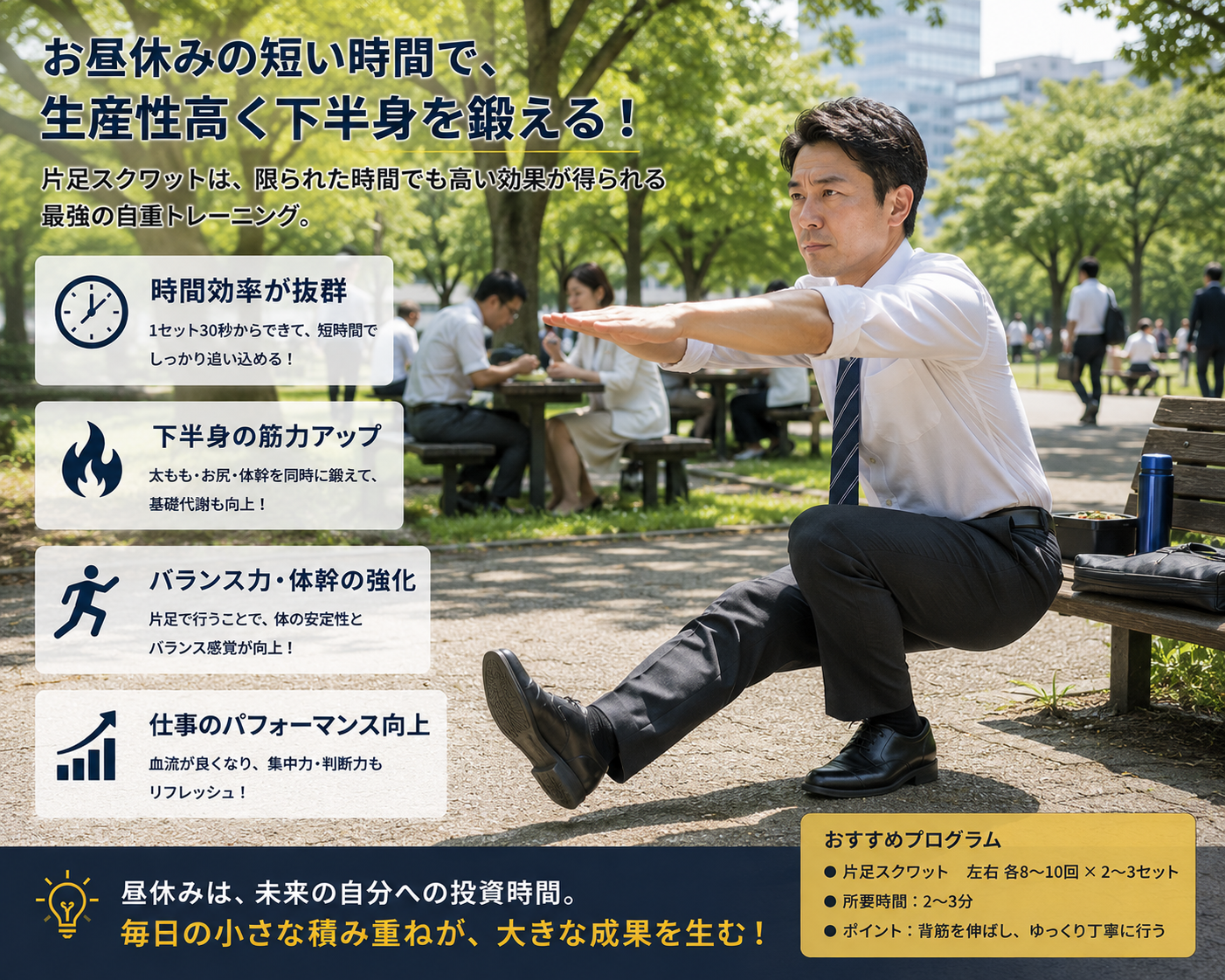 中年男性が公園で片足スクワット
