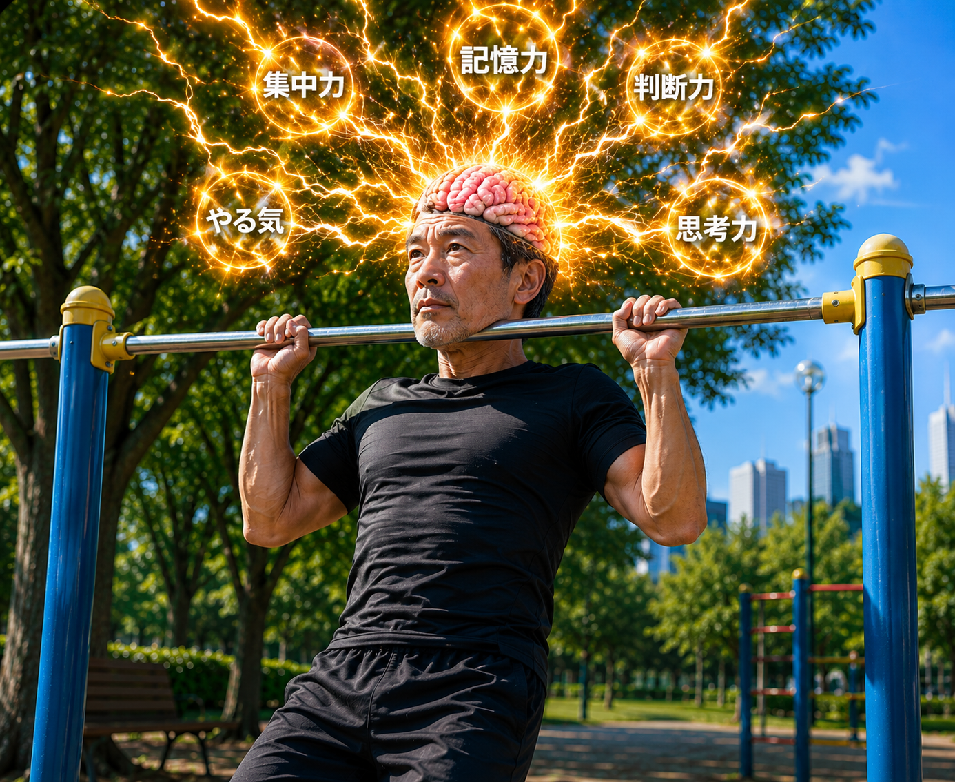 鉄棒で懸垂する中年男性
