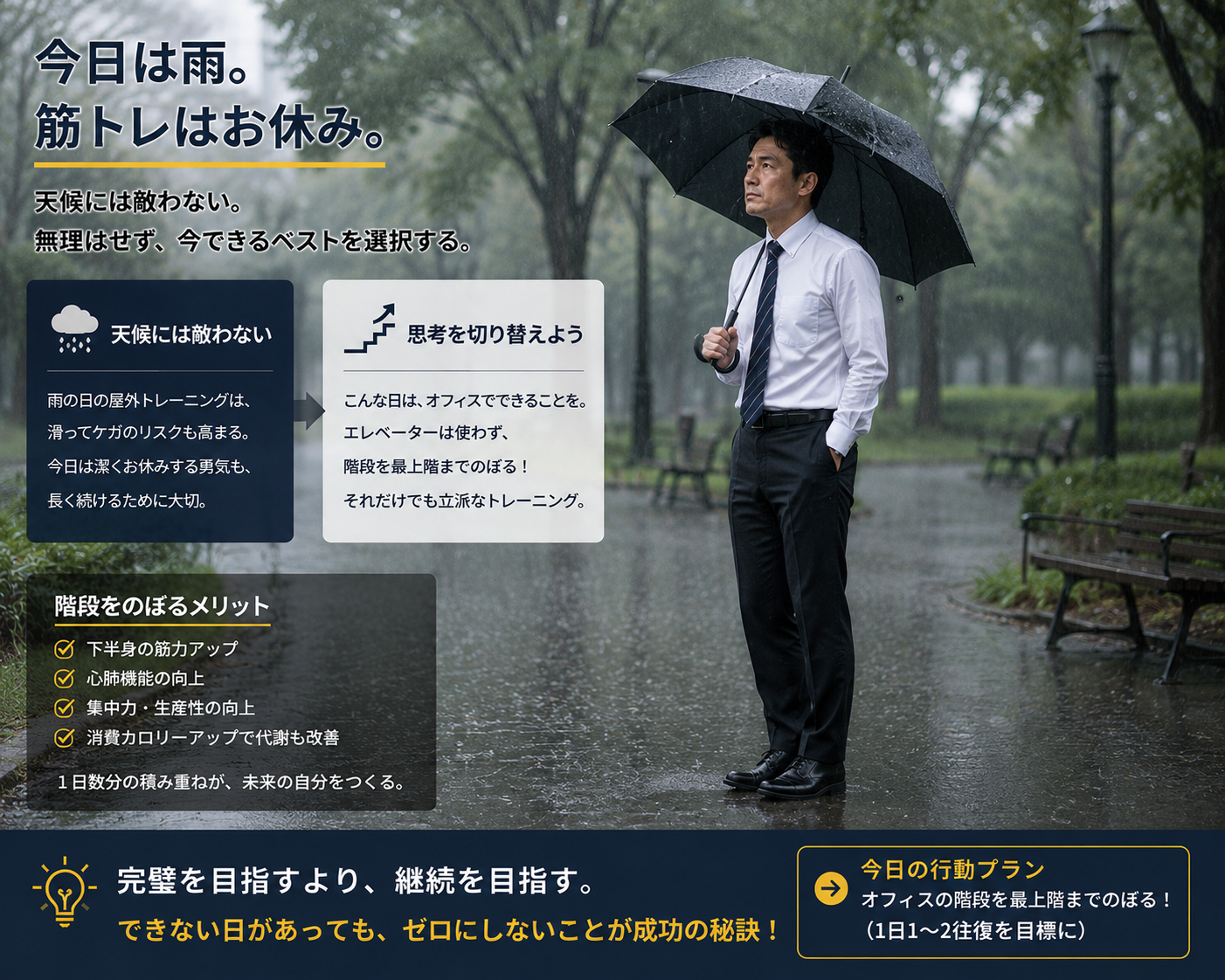 雨の日の公園に佇む男性